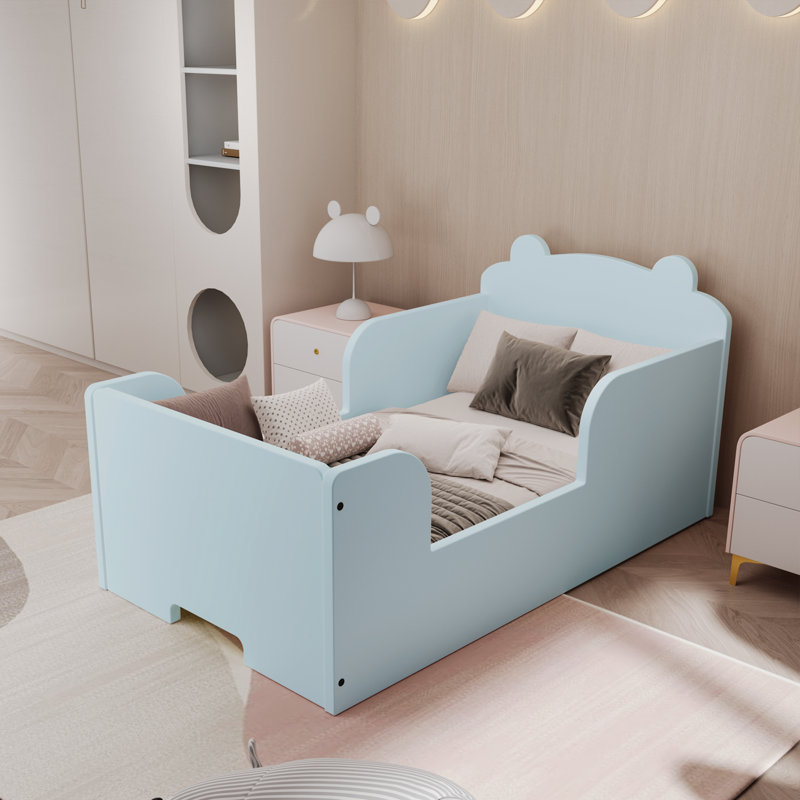 Lit de sol en forme d'ours pour tout-petit en bois massif, Bleu