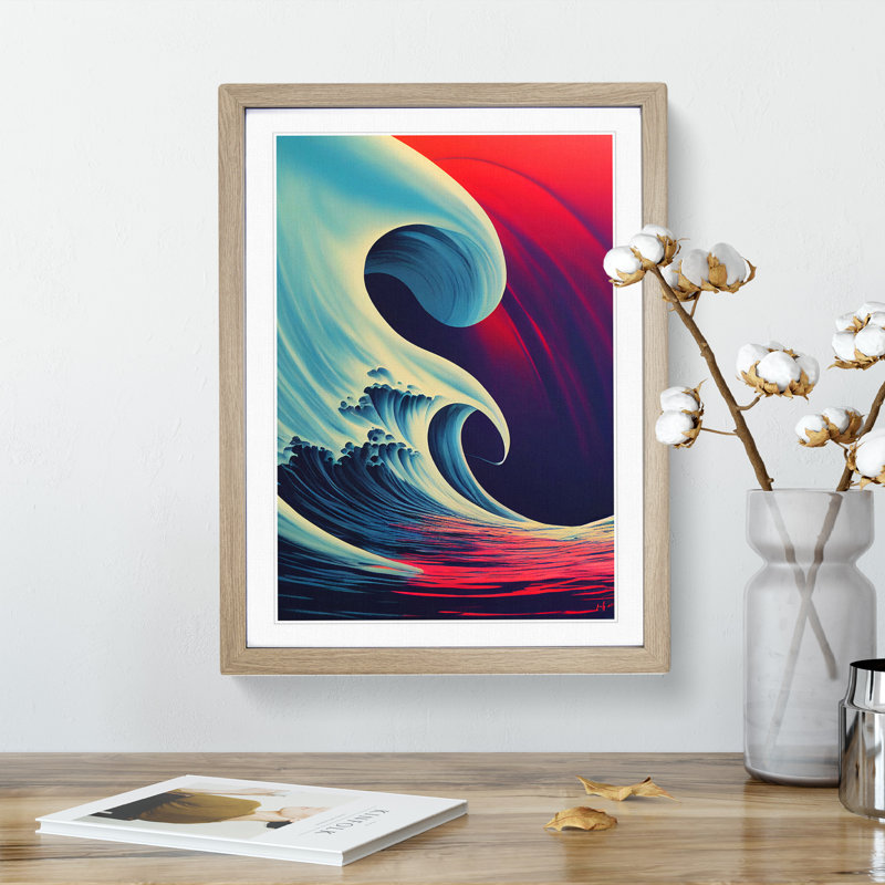 Sunset Ocean Wave Illustration No.2 - Single Picture Frame Painting, 64cm H x 46cm W x 2cm D, Oak Framed