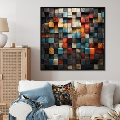 «Blue and Red Abstract Cubes III - Abstract Cubism», reproduction d'art murale