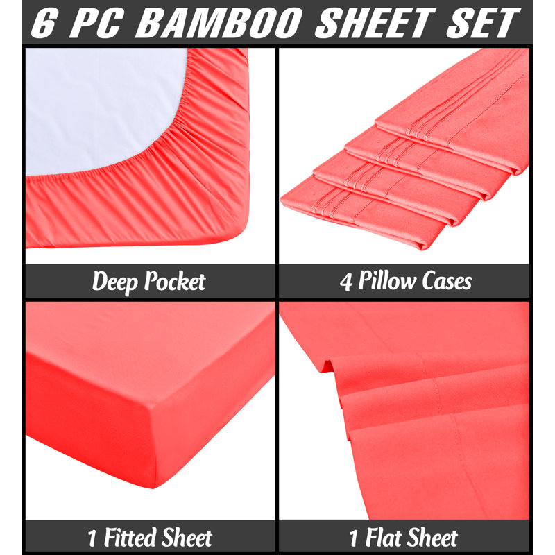 Premium Rayon From Bamboo 6 Pc Sheet Set With Deep Pockets, Cooling, Coral, Split King Sheet Set with 4 Pillowcases