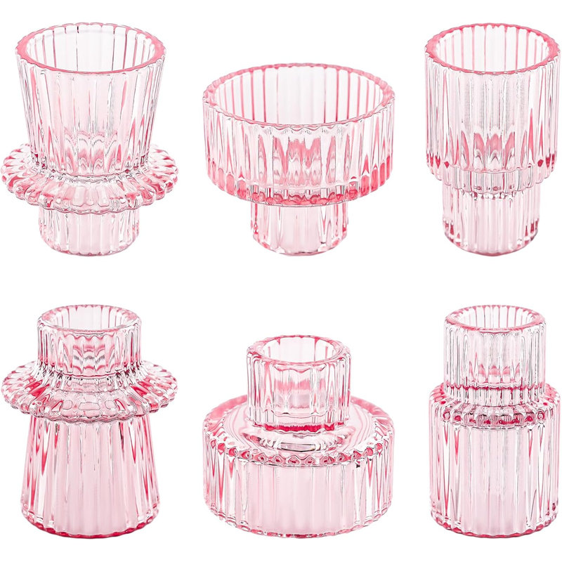Bougeoirs en cristal rose côtelé rétro