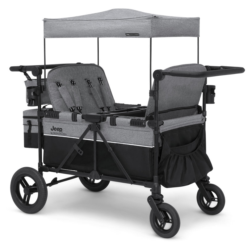 Jeep Wrangler Deluxe 4 Seater Stroller Wagon by Delta Children - Premium Stroller Wagon for 4 Kids with Convertible Seats, Adjustable Push/Pull Handles, Removable Canopy & Flat Fold
