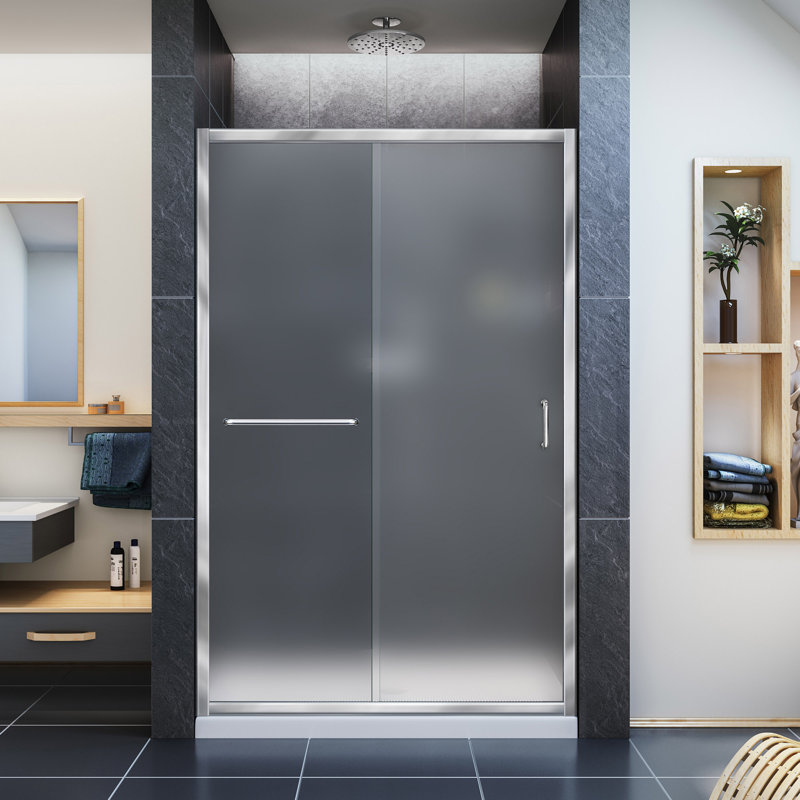Infinity-Z 44-48" W x 72" H Single Sliding Semi-Frameless Shower Door, Chrome, Frosted, 48"