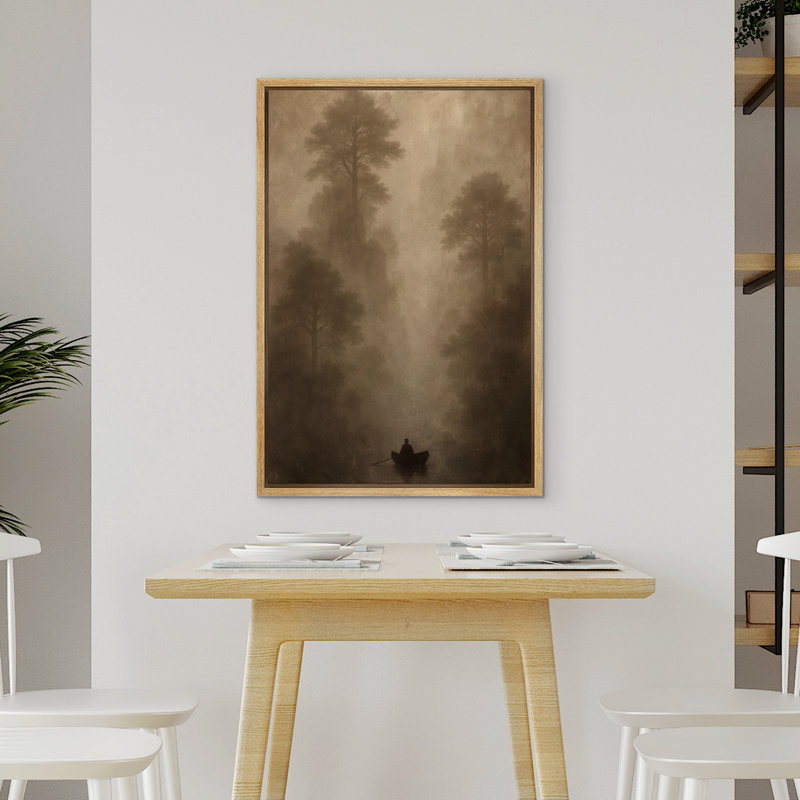 «Misty Forest River Scene With Lone Boat», reproduction d'art sur toile encadrée dans la chambre principale, Natural