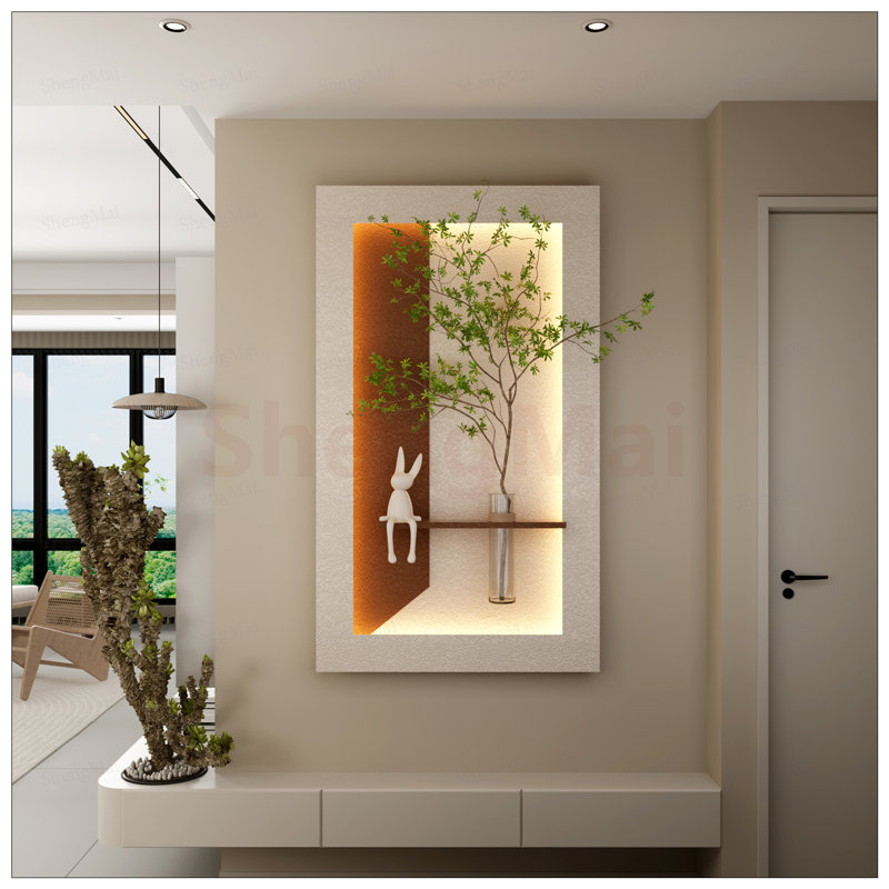 Décoration murale réglable en grès à 3 couleurs DEL avec plantes vertes simulées - sculpture d'art 3D, vase en verre et statue de lapin pour l'esthétique de la maison
