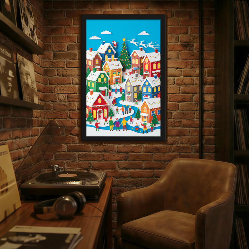 Scène de village de Noël avec des maisons enneigées et des gens, H 18 po x l 12 po