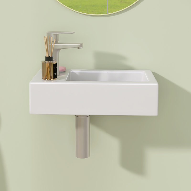 Petit lavabo de salle de bain mural en céramique 14,56 "x P 7,63" avec lavabo vasque flottant rectangulaire blanc avec trou pour robinet gauche