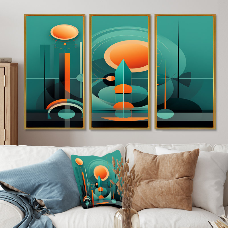 Ensemble d'art mural rétro moderne pleine lune City I - Mid-Century, Cadre flottant doré, H 28 po x l 36 po x P 1 po