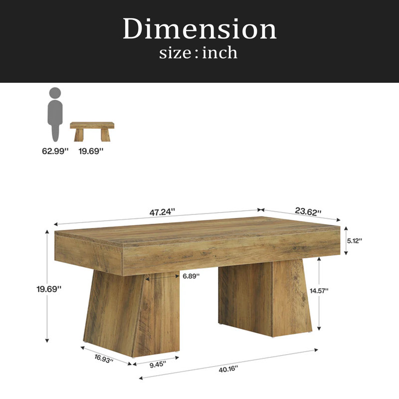 Table de salle à manger en bois, table de centre rectangulaire, table basse spacieuse