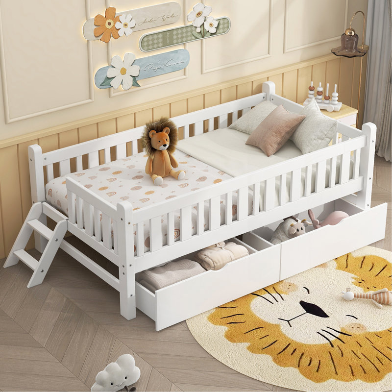 Sturdy Twin-Size Platform Bed With Guardrail And Storage Drawers, White