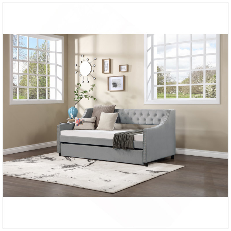 Elegant Daybed With Trundle, Tufted Upholstery, And Copper Nailhead Arms For Versatile Use, Twin, Light Gray