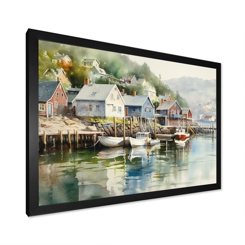 Petite ville portuaire de Norvège II - impression, H 16 po x l 32 po x P 1 po, Cadre photo noir