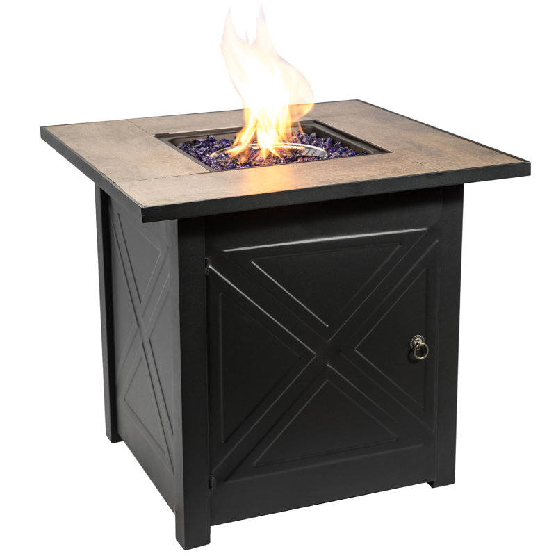 Black Steel Square Propane Fire Pit Table with Ceramic Top