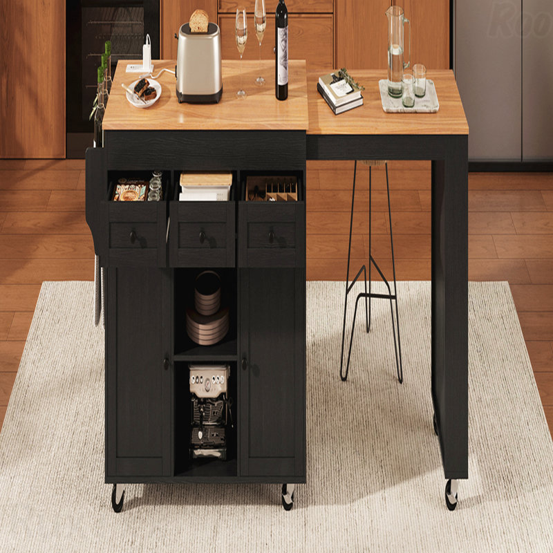 Rolling Kitchen Island With Extendable Dining Table And Power Outlet, Black