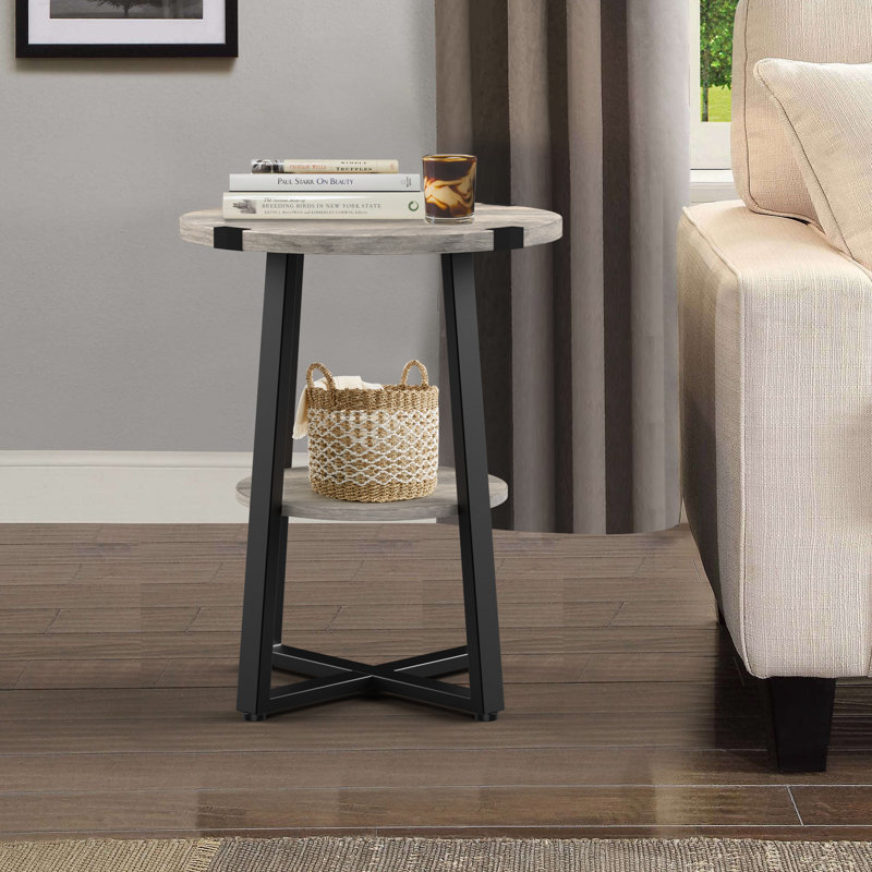 Jalanda Tall End Table with 2 USB Ports, 2 Power Outlets, and 2-Tier Storage Shelves, Wash Gray