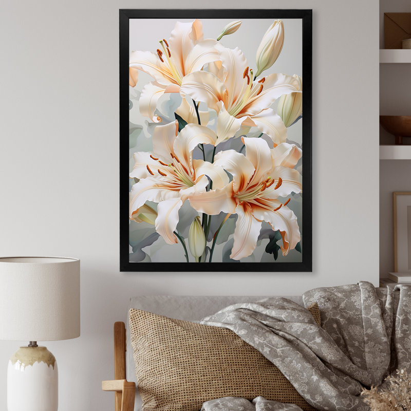 «Beige Lilies Simple Tranquility IV» sur toile, Cadre simple noir, H 20 po x l 12 po x P 1 po