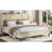 Metal and Wood Full Size Platform Bed Frame, Soft Beige, With Integrated Charging Station, No Box Spring Required For Residential Bedroom Use