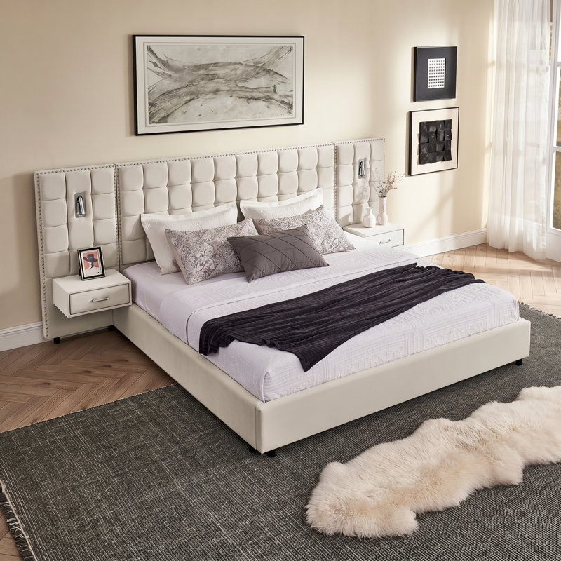 Lit plateforme tapissier en velours avec table de chevet intégrée Aurelius l 81 po x P 81 po x H 12 po