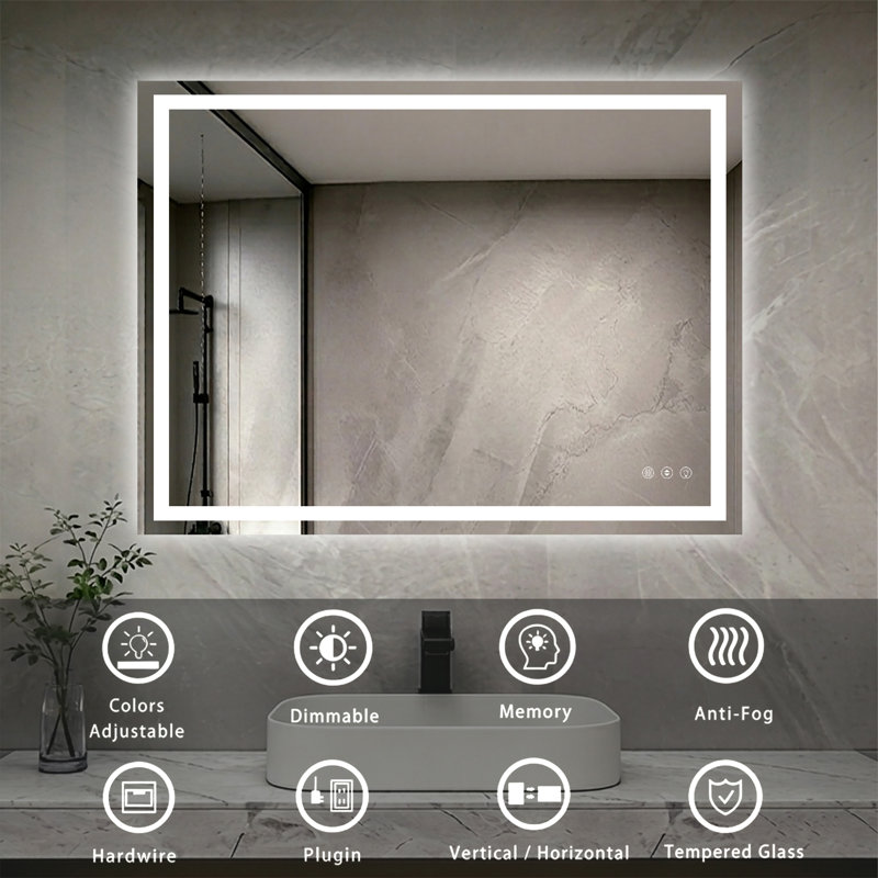 48" X 36" LED Bathroom Mirror With Dimmable Light Anti-Fog Lighted Vanity Mirror With 3 Color Modes, IP44 Waterproof Horizontal/Vertical Mount