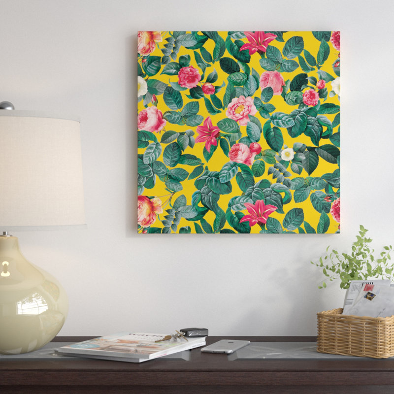 « summer botanique ii », impression sur toile tendue, H 18 po x l 18 po x P 1,5 po, Toile avec cadre noir, Pas de tapis