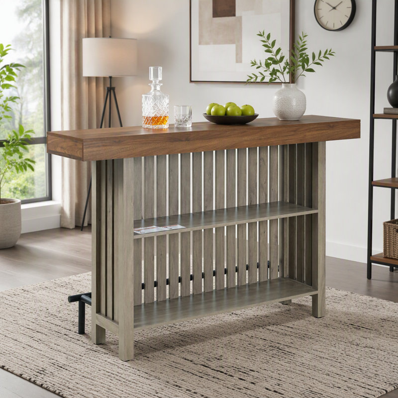 Buffet 3 en 1, table de comptoir et table de bar avec rangement pour bouteilles de vin, Gris/brun