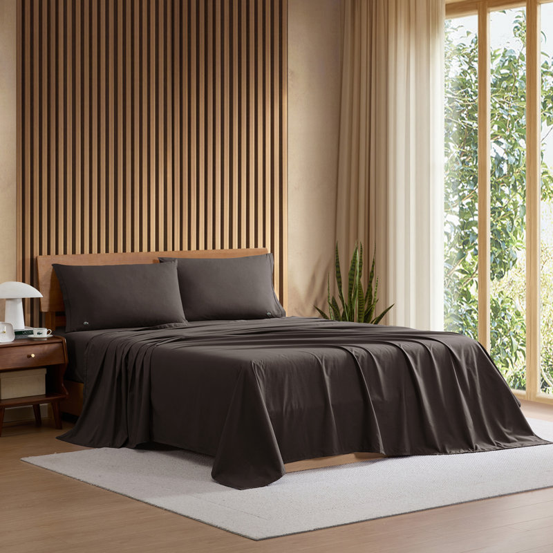 Lacoste Cotton Percale Sheet Set, Crisp Feel & Breathable Bedding, Deep Pocket Fitted Sheet, Dark Grey, Cal King, Dark Gray