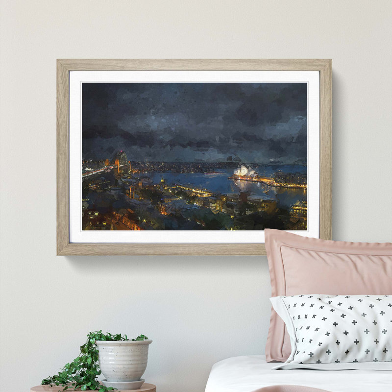 Sydney Skyline at Night in Abstract - Picture Frame Graphic Art Print, Oak Framed, 27cm H x 36cm W x 2cm D