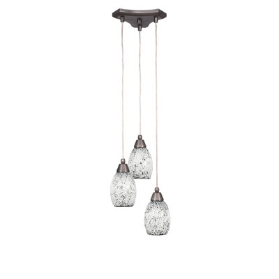 Luminaire suspendu à grappe de cordon 3 lumières Europa montré en finition nickel brossé avec verre fusion noir de 5 po