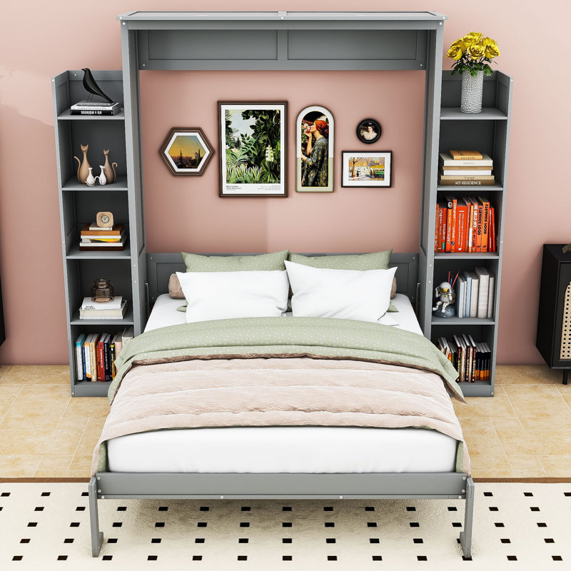 Lit escamotable avec tablettes intégrées et lumières DEL, Grand lit, Gris