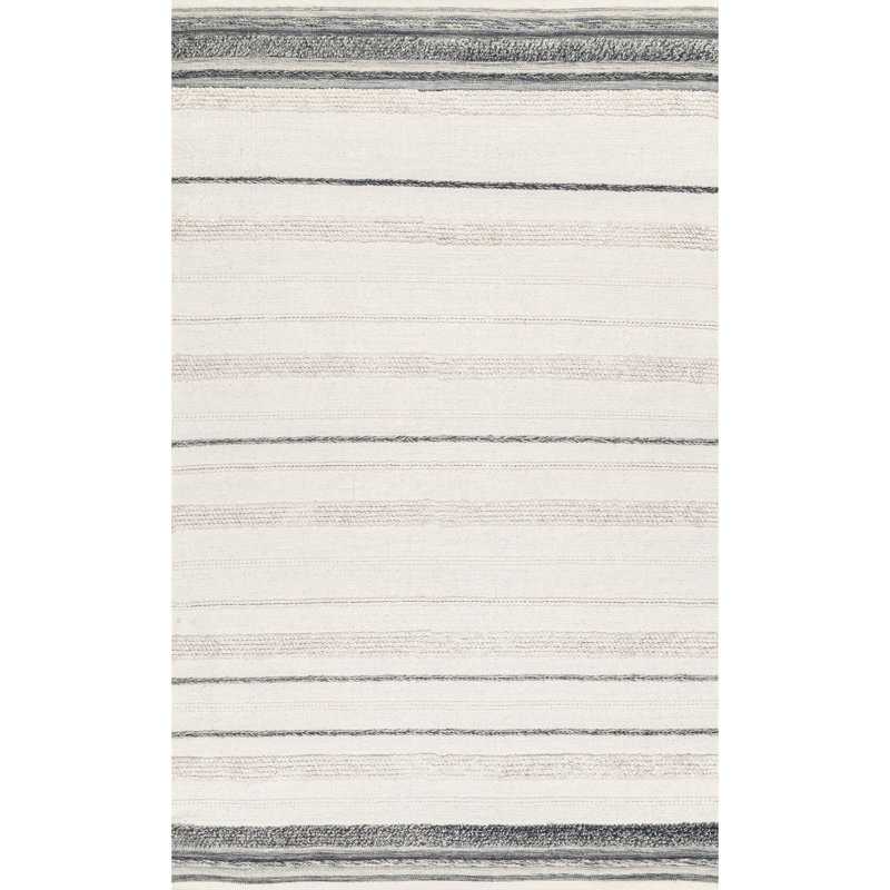 Tapis touffeté à la main rayé blanc cassé / noir / argenté Mylie-Jay, Rectangle 5 pi x 8 pi