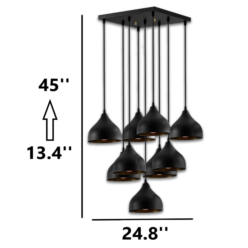 Luminaire suspendu industriel en métal à hauteur réglable 9 lumières, Noir