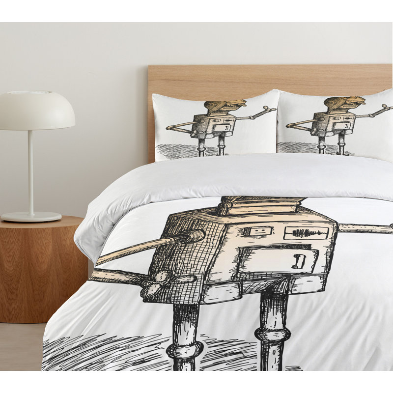 Queen Size Black and White Robot Sketch Duvet Cover Set