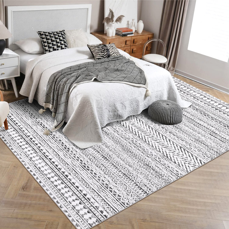 Tapis antidérapant et lavable Boho, Gris, Rectangulaire 8 pi x 10 pi