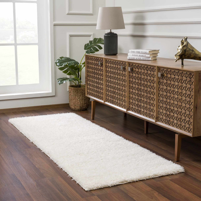 Nereen Solid Shag Beige Area Rug, Runner 2'7" x 7'3"