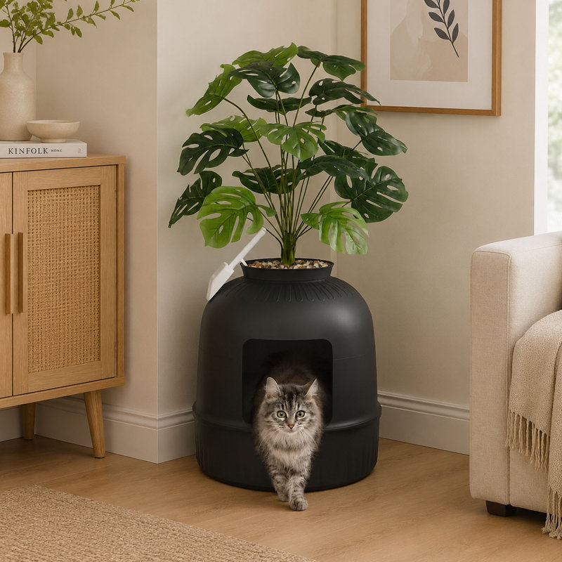Enceinte cachée pour bac à litière, bac à litière décoratif avec filtre à charbon, fausse plante et pelle