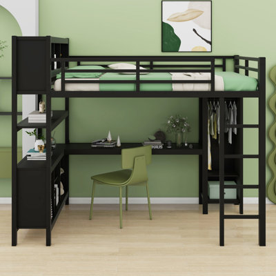 Metal Loft Bed With Wardrobe And L-Shaped Desk,  Storage Cubes And Shelves