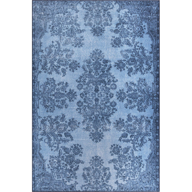 Tapis décoratif bleu à motif tissé rétro, Rectangle 3 pi 10 po x 5 pi 3 po