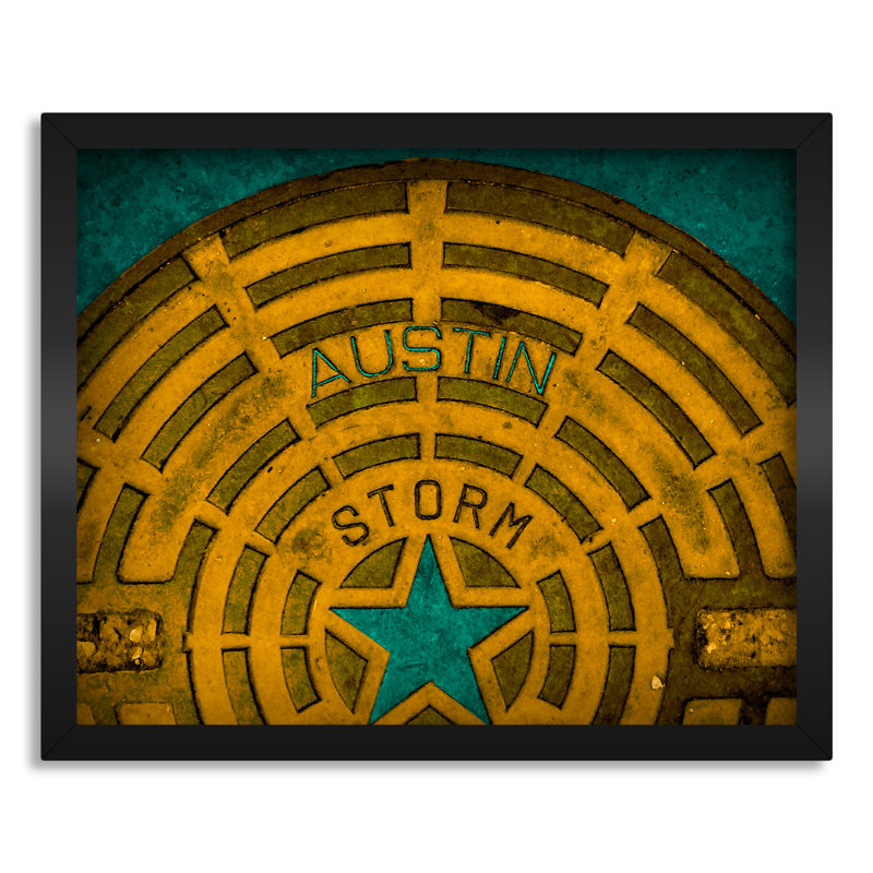 Austin Manhole Cover, Austin Texas - reproduction de photo sur toile, Toile encadrée noire, H 16 po x l 20 po x P 0,75 po