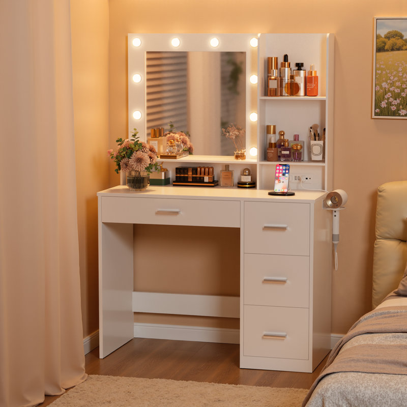 Borko Makeup Vanity With Lights,Vanity desk with Mirror and Power Outlet,Dresser Table with Drawers and Open Shelves, White