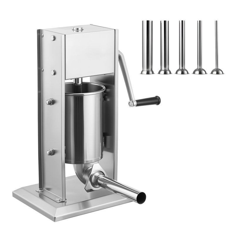 Poussoir à saucisses manuel, 3 L / 7 L, poussoir à viande vertical, remplisseur à deux vitesses en acier inoxydable avec 5 tubes de remplissage, machine à embouteiller les saucisses robuste, conçue pour un usage commercial et domestique.