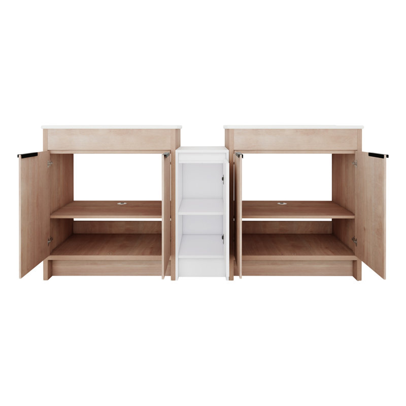 Freestanding Bathroom Vanity With Ceramic Sink And Storage Cabinets, Blanc brillant / chêne clair clair, Blanc