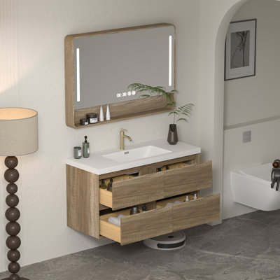 Meuble-lavabo mural simple flottant 48 po Arden en chêne antique avec plateau en résine composite Arden