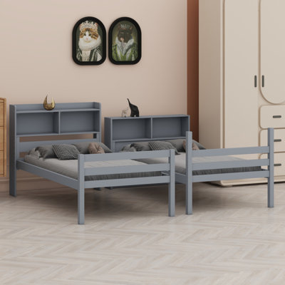 Lit en bois avec tête de lit à tablettes, garde-corps et échelle convertibles en 2 lits