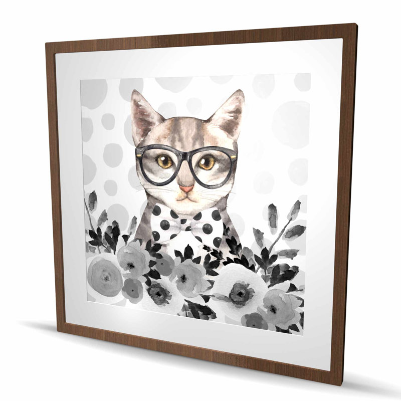 Geek Cat - imprimé de fleurs noires encadrées pour la décoration intérieure, Brun