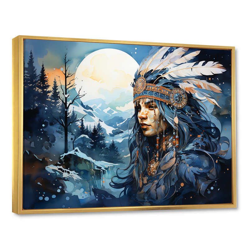 Night Iroquois Queen Expression - Native American Art, art mural sur toile, Cadre flottant doré, H 16 po x l 32 po