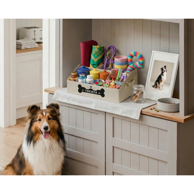 Organisateur pliable de friandises pour chien avec séparateurs amovibles, conception trapézoïdale, poignées en polyuréthane, beige, moyen, pour le rangement sur le comptoir