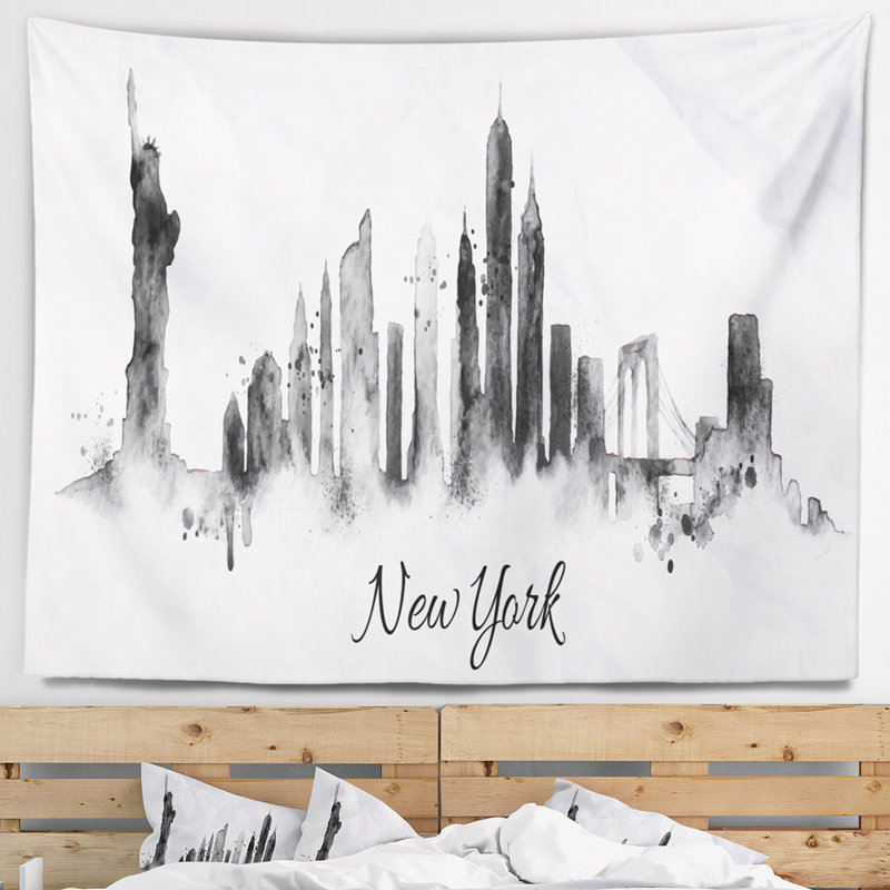 Encre de silhouette new york tapisserie Cityscape, H 32 po x l 39 po