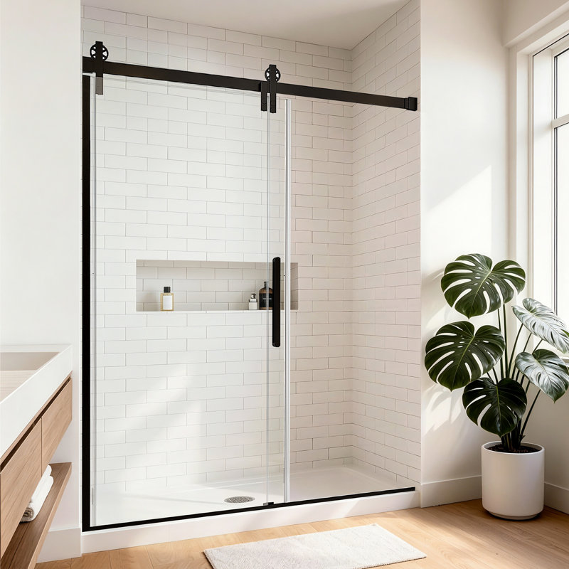 Porte de douche coulissante simple sans cadre l 59 po x H 75 po, quincaillerie noir mat de style grange, verre trempé transparent de 5/16 po (8 mm) avec revêtement facile à nettoyer, ouverture réversible gauche / droite, ouverture de 25 po