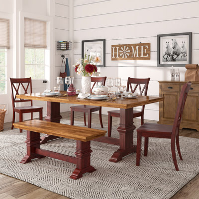Fortville 78" Solid Wood Oak Finish Top Dining Set With X-Back Chairs - 7-Piece, Antique Red Base Table, Chairs And Bench