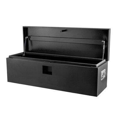30" Heavy Duty Steel Truck Bed Tool Box, 12-Gauge Lockable Trailer Tongue Chest, Weatherproof Storage Organizer with Pneumatic Strut for RV, Cargo Racks, Black